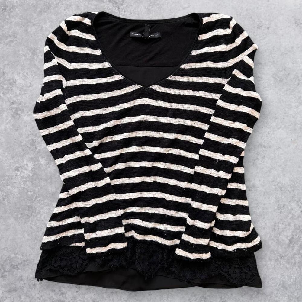 Y2K Black White Striped Long Sleeve Lace Trim Top – Size XS